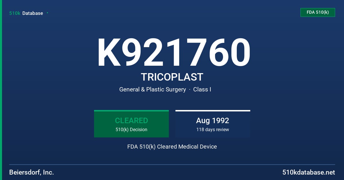 K921760 TRICOPLAST FDA 510(k) Cleared Medical Device