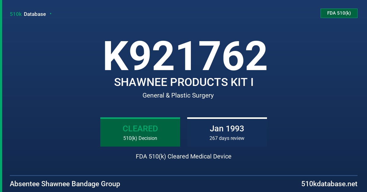 K921762 SHAWNEE PRODUCTS KIT I FDA 510(k) Cleared Medical Device