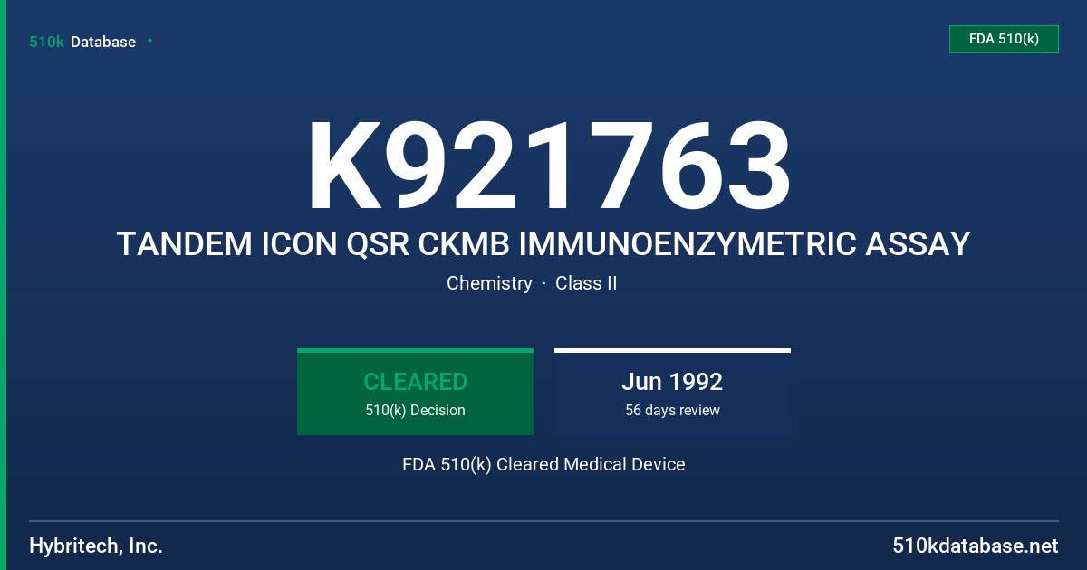 K921763 TANDEM ICON QSR CKMB IMMUNOENZYMETRIC ASSAY FDA 510(k) Cleared Medical Device