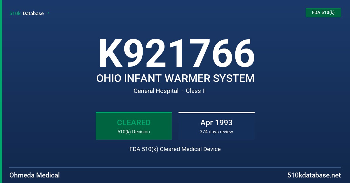 K921766 OHIO INFANT WARMER SYSTEM FDA 510(k) Cleared Medical Device