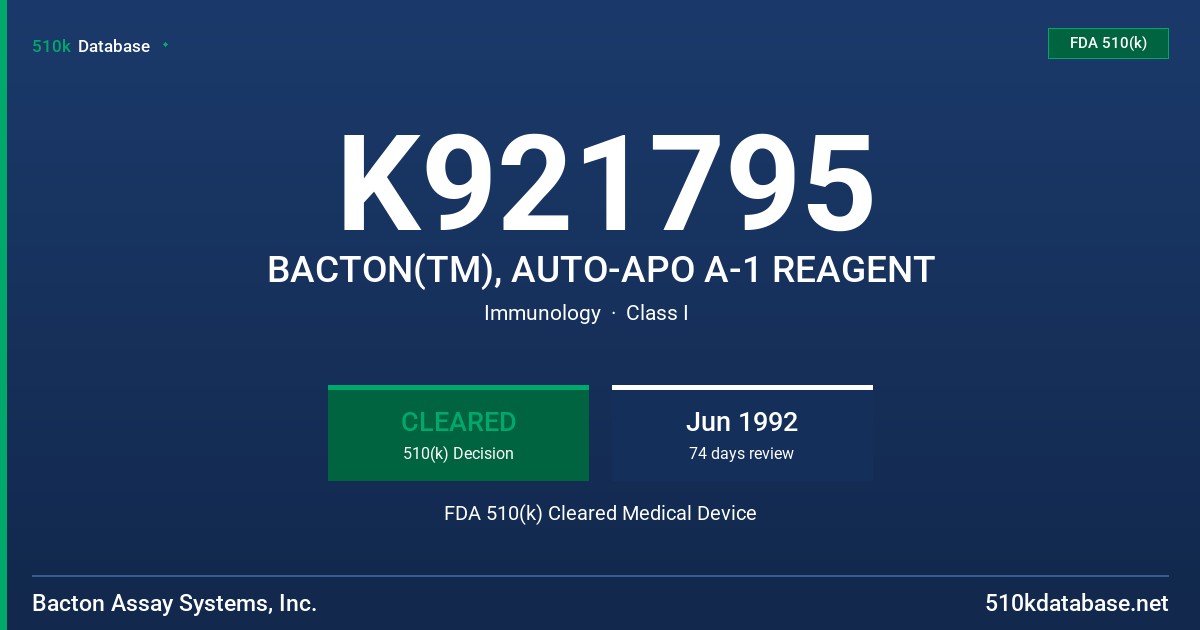 K921795 BACTON(TM), AUTO-APO A-1 REAGENT FDA 510(k) Cleared Medical Device