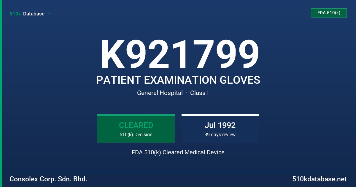 K921799 PATIENT EXAMINATION GLOVES FDA 510(k) Cleared Medical Device