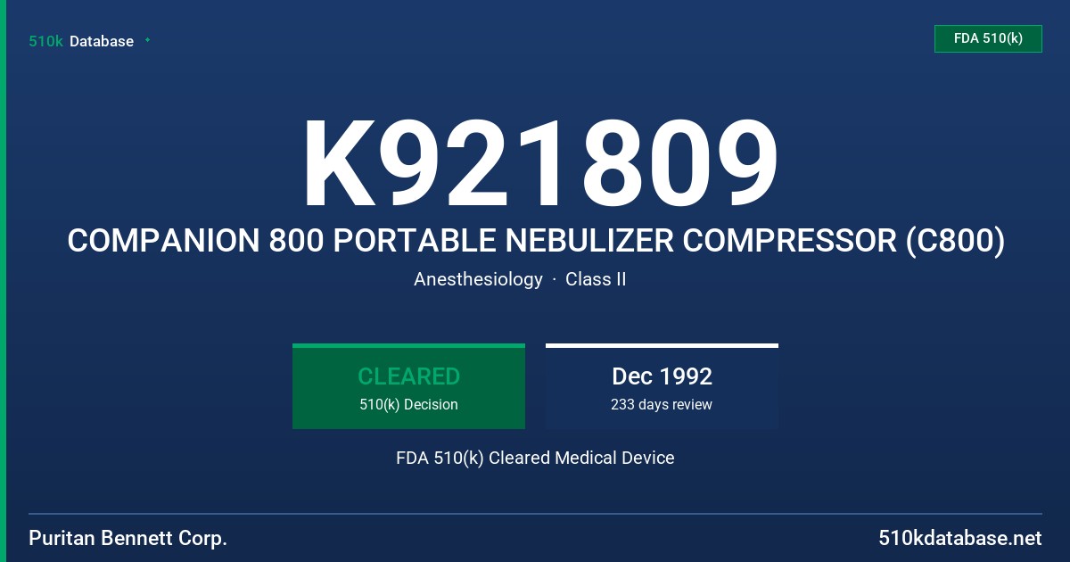 K921809 COMPANION 800 PORTABLE NEBULIZER COMPRESSOR (C800) FDA 510(k) Cleared Medical Device