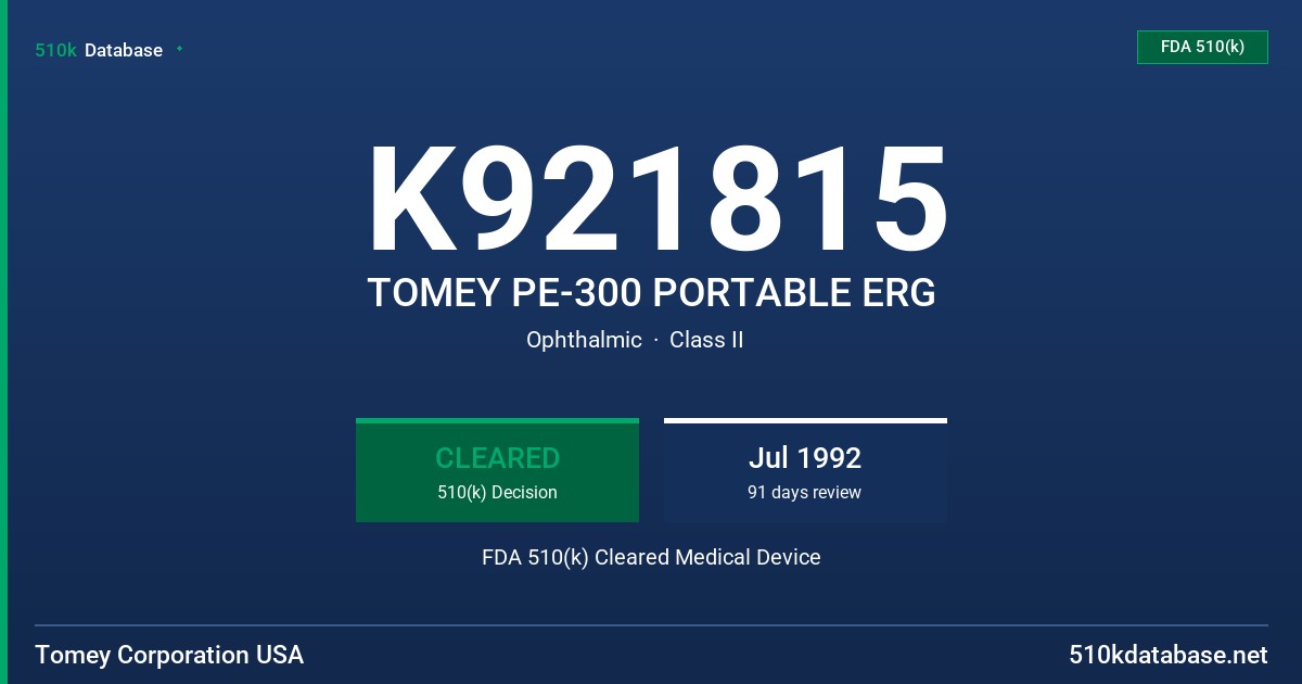 K921815 TOMEY PE-300 PORTABLE ERG FDA 510(k) Cleared Medical Device
