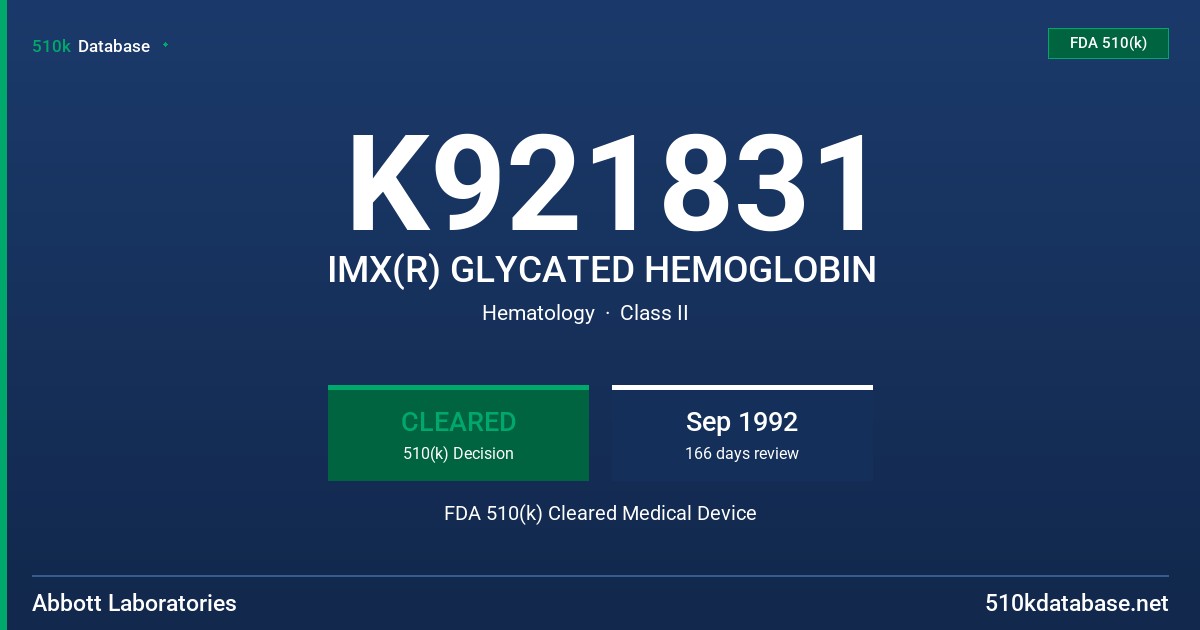 K921831 IMX(R) GLYCATED HEMOGLOBIN FDA 510(k) Cleared Medical Device