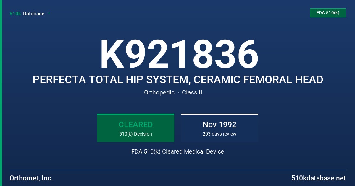 K921836 PERFECTA TOTAL HIP SYSTEM, CERAMIC FEMORAL HEAD FDA 510(k) Cleared Medical Device