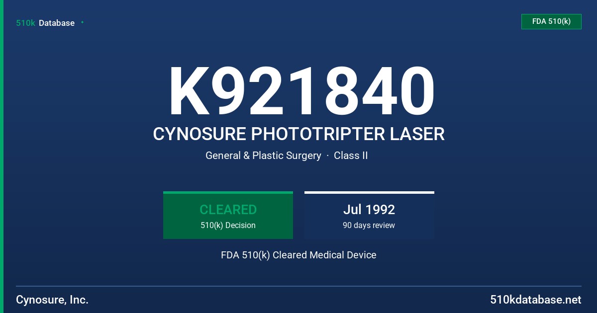K921840 CYNOSURE PHOTOTRIPTER LASER FDA 510(k) Cleared Medical Device