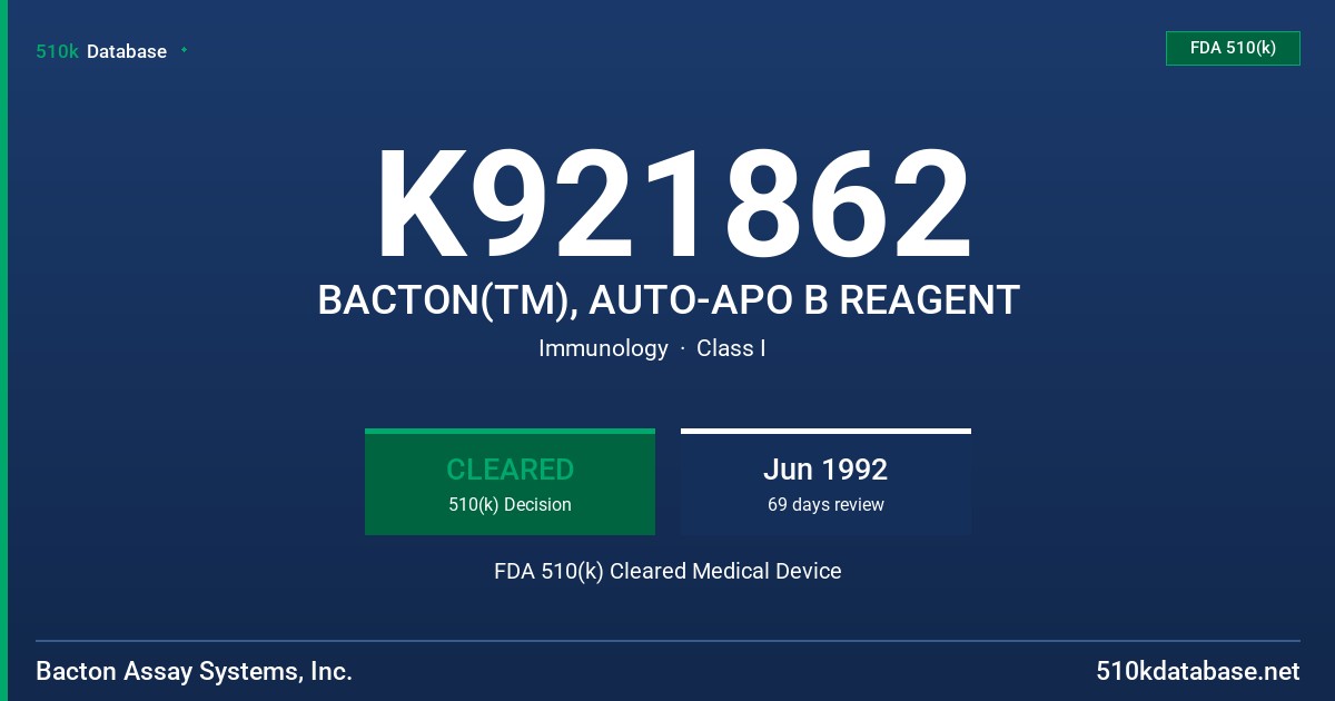 K921862 BACTON(TM), AUTO-APO B REAGENT FDA 510(k) Cleared Medical Device