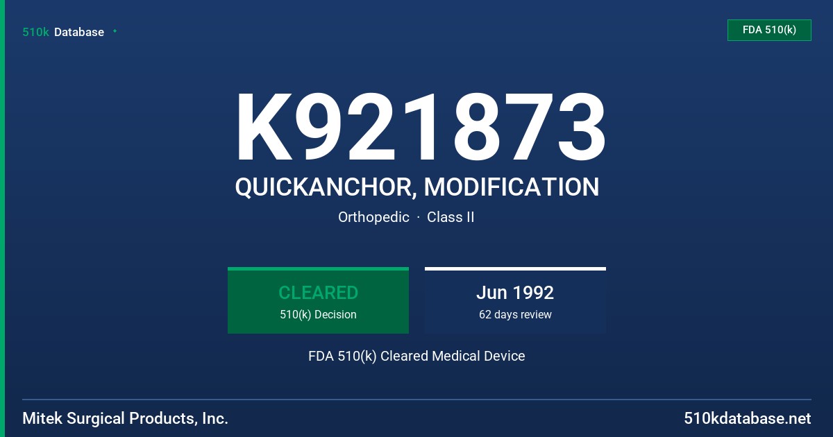 K921873 QUICKANCHOR, MODIFICATION FDA 510(k) Cleared Medical Device
