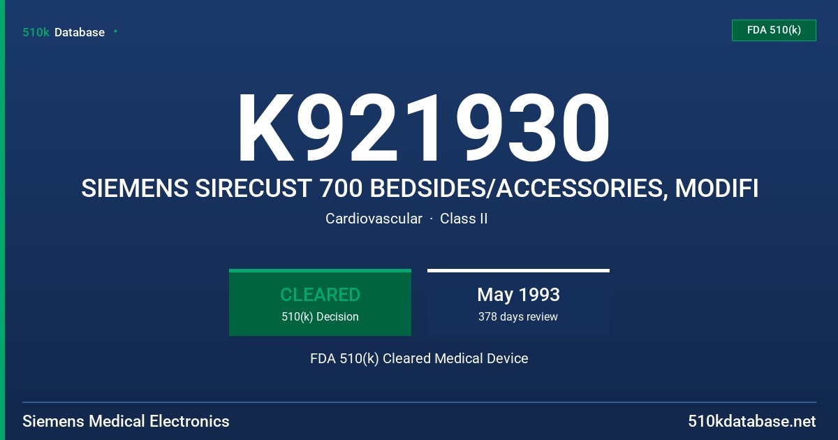 K921930 SIEMENS SIRECUST 700 BEDSIDES/ACCESSORIES, MODIFI FDA 510(k) Cleared Medical Device