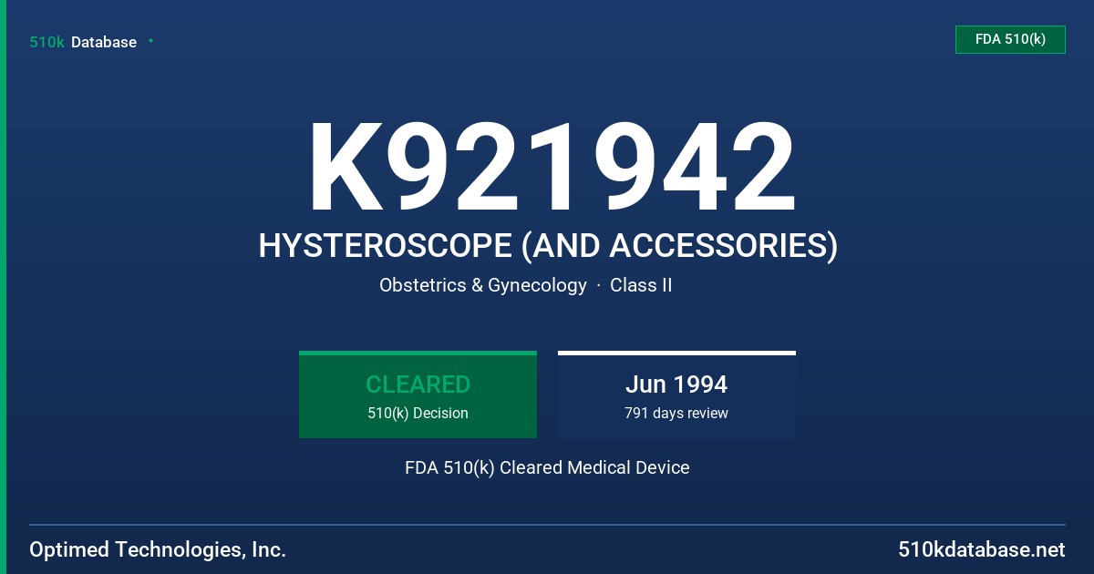 K921942 HYSTEROSCOPE (AND ACCESSORIES) FDA 510(k) Cleared Medical Device