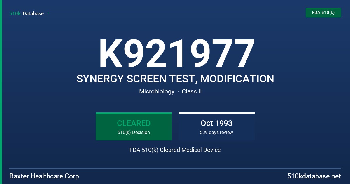 K921977 SYNERGY SCREEN TEST, MODIFICATION FDA 510(k) Cleared Medical Device
