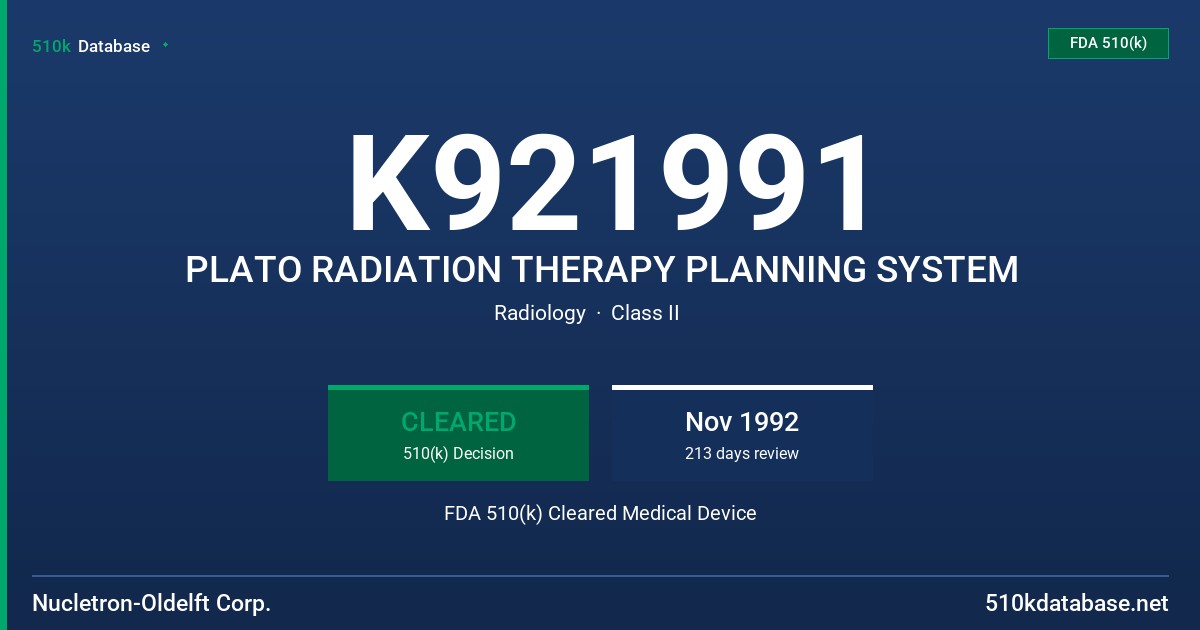 K921991 PLATO RADIATION THERAPY PLANNING SYSTEM FDA 510(k) Cleared Medical Device