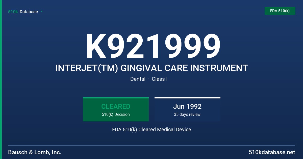 K921999 INTERJET(TM) GINGIVAL CARE INSTRUMENT FDA 510(k) Cleared Medical Device