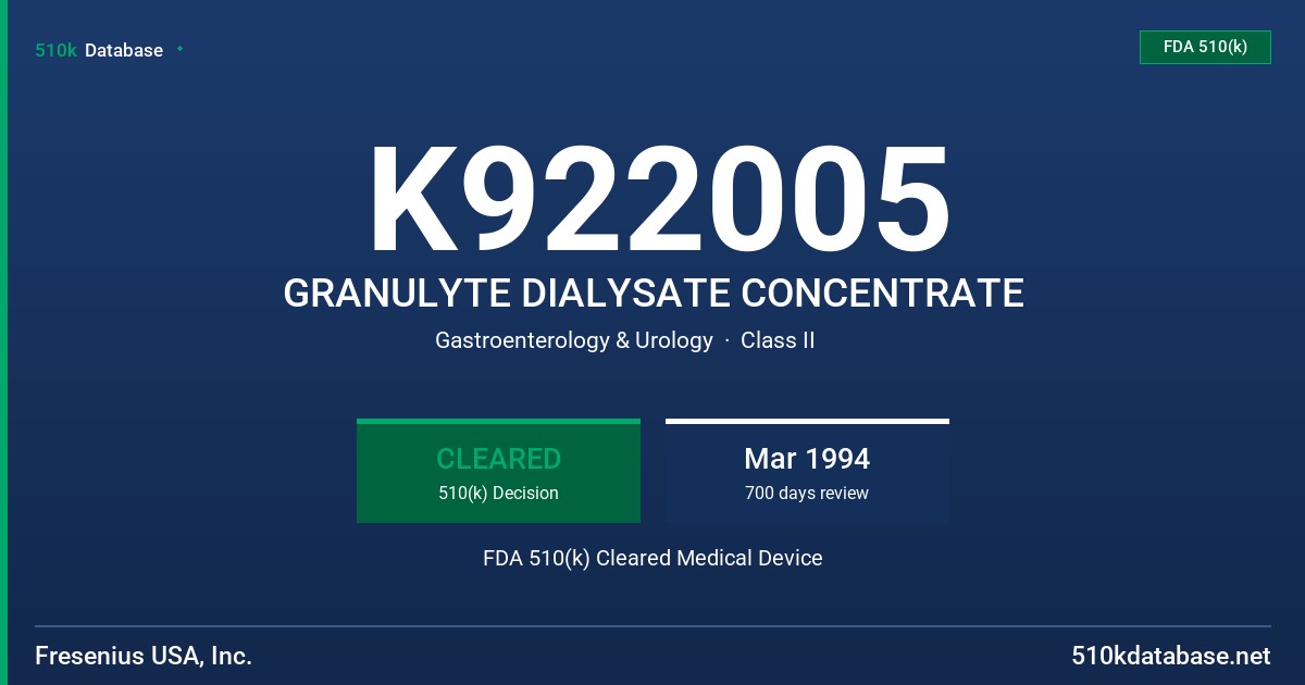 K922005 GRANULYTE DIALYSATE CONCENTRATE FDA 510(k) Cleared Medical Device