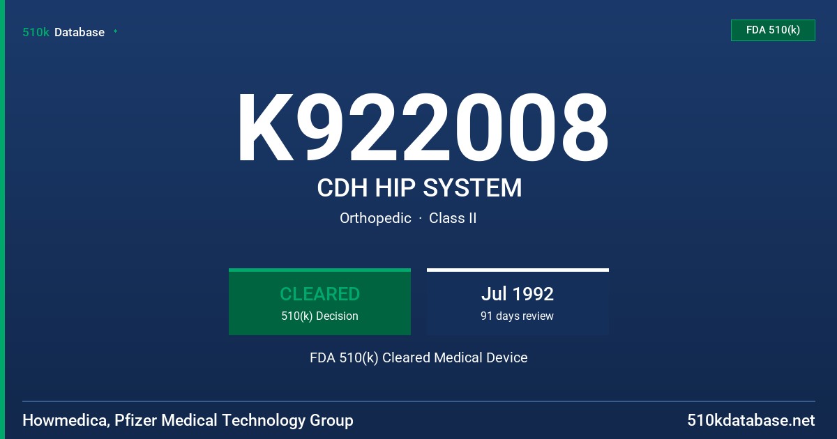 K922008 CDH HIP SYSTEM FDA 510(k) Cleared Medical Device