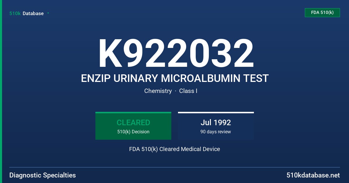 K922032 ENZIP URINARY MICROALBUMIN TEST FDA 510(k) Cleared Medical Device