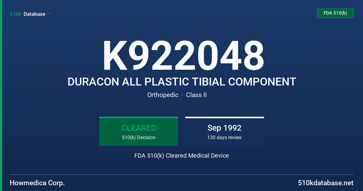 K922048 DURACON ALL PLASTIC TIBIAL COMPONENT FDA 510(k) Cleared Medical Device