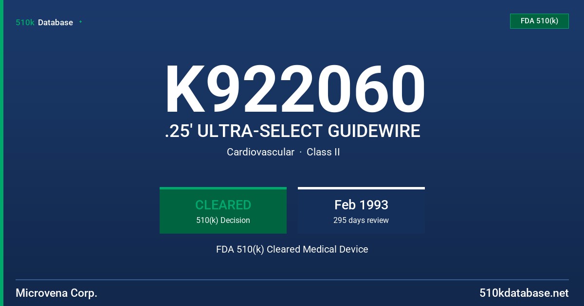 K922060 .25' ULTRA-SELECT GUIDEWIRE FDA 510(k) Cleared Medical Device