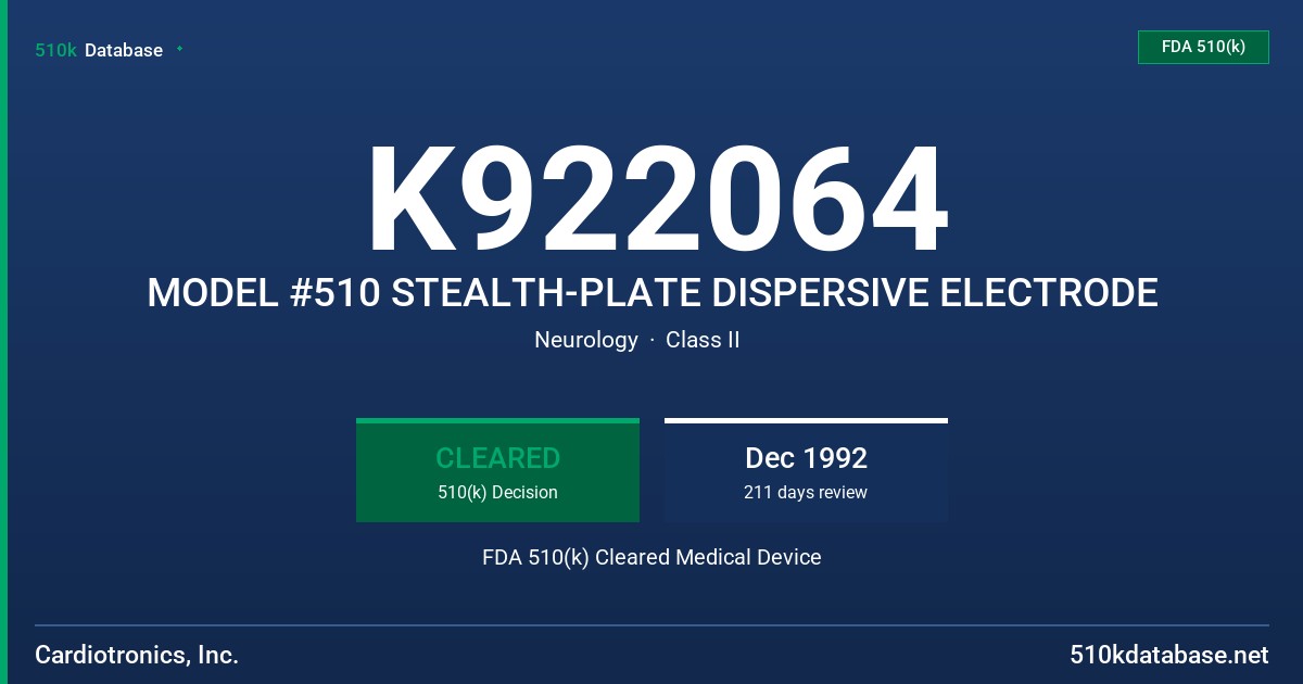 K922064 MODEL #510 STEALTH-PLATE DISPERSIVE ELECTRODE FDA 510(k) Cleared Medical Device