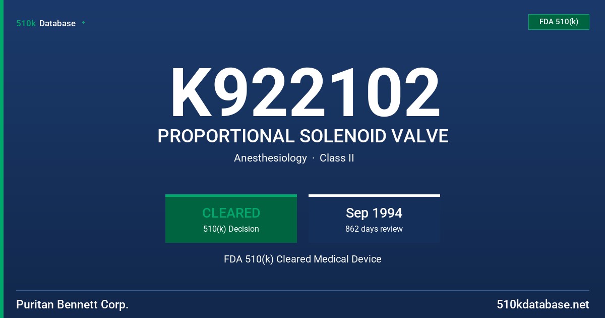 K922102 PROPORTIONAL SOLENOID VALVE FDA 510(k) Cleared Medical Device