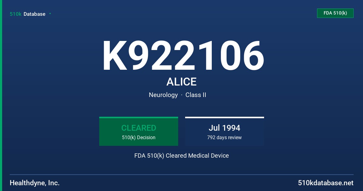 K922106 ALICE FDA 510(k) Cleared Medical Device