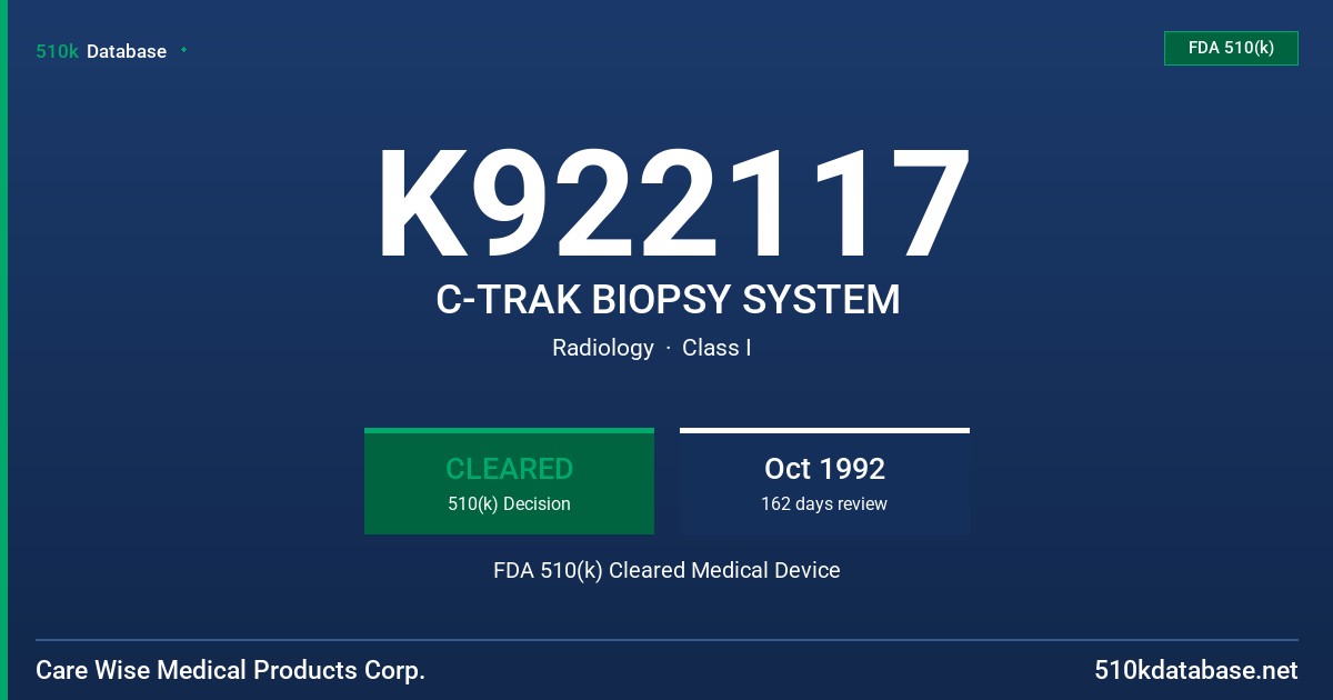 K922117 C-TRAK BIOPSY SYSTEM FDA 510(k) Cleared Medical Device