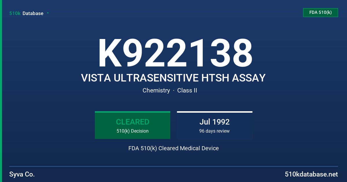 K922138 VISTA ULTRASENSITIVE HTSH ASSAY FDA 510(k) Cleared Medical Device