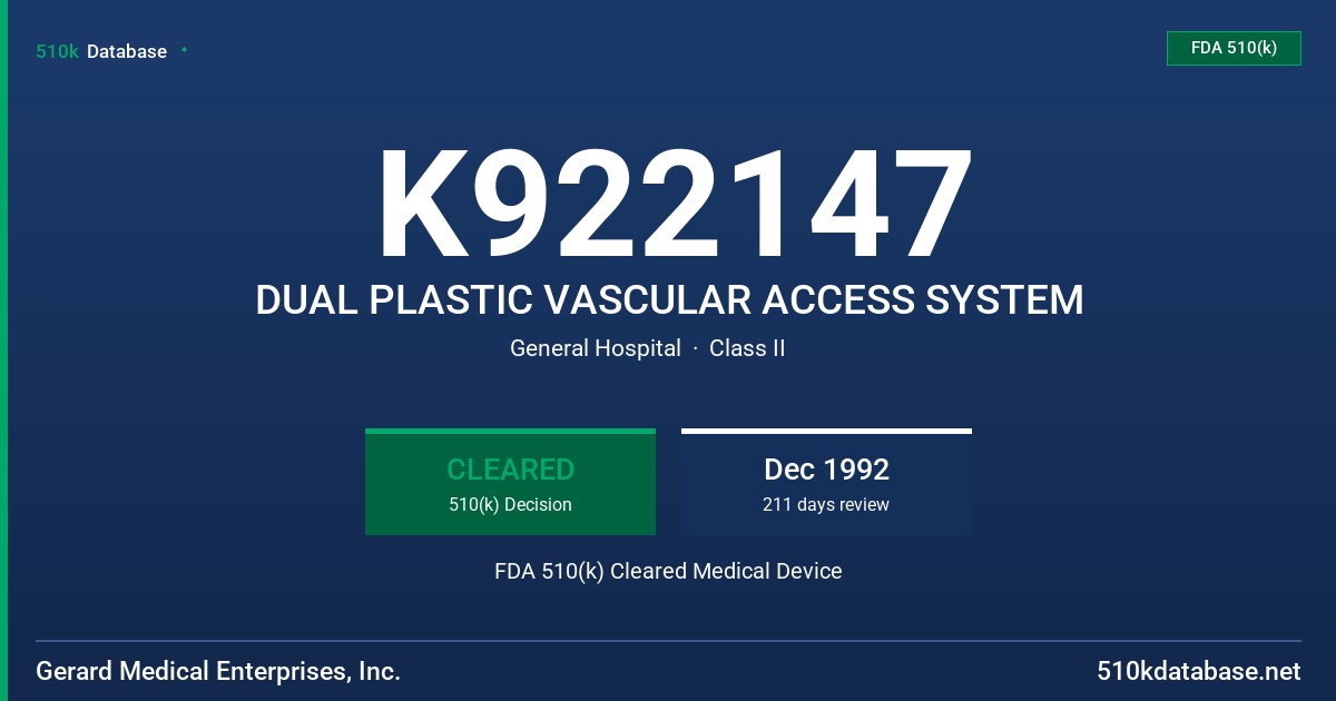 K922147 DUAL PLASTIC VASCULAR ACCESS SYSTEM FDA 510(k) Cleared Medical Device