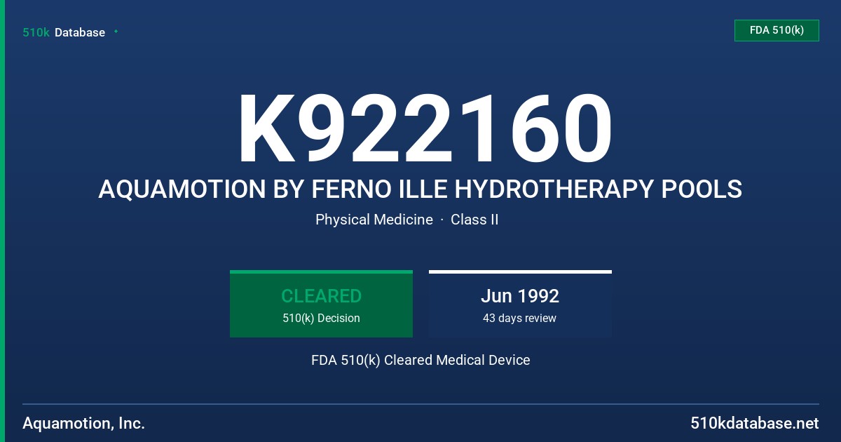 K922160 AQUAMOTION BY FERNO ILLE HYDROTHERAPY POOLS FDA 510(k) Cleared Medical Device