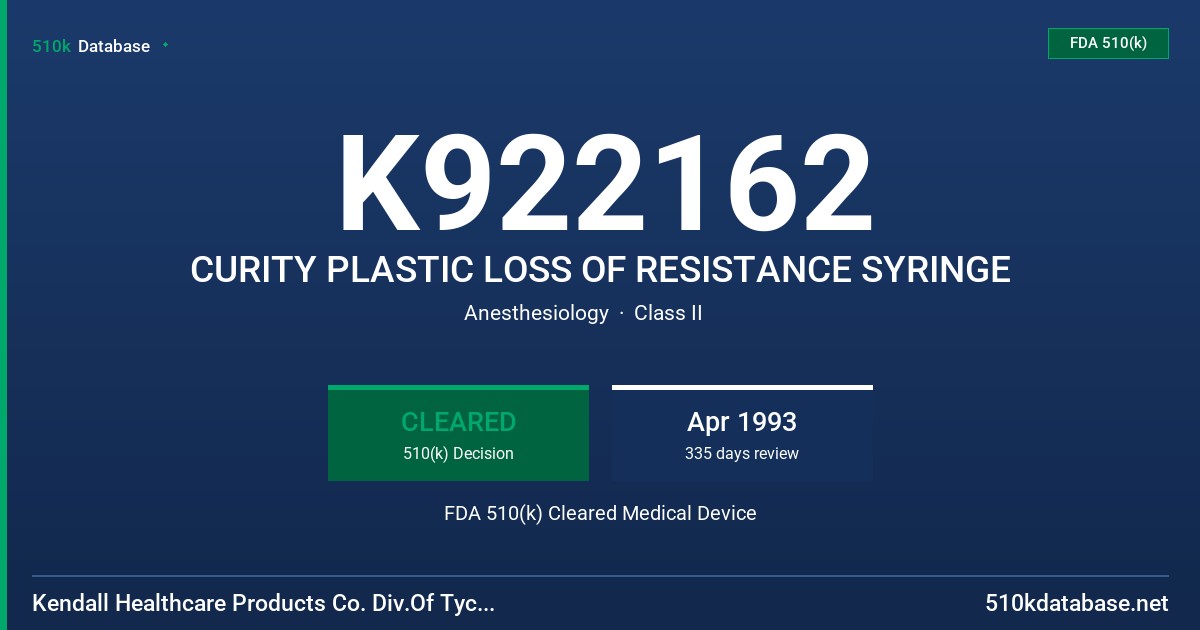 K922162 CURITY PLASTIC LOSS OF RESISTANCE SYRINGE FDA 510(k) Cleared Medical Device