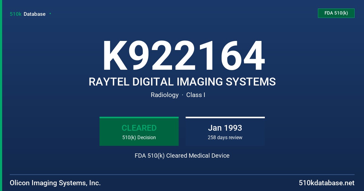 K922164 RAYTEL DIGITAL IMAGING SYSTEMS FDA 510(k) Cleared Medical Device