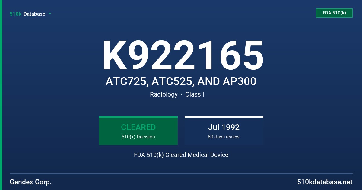 K922165 ATC725, ATC525, AND AP300 FDA 510(k) Cleared Medical Device