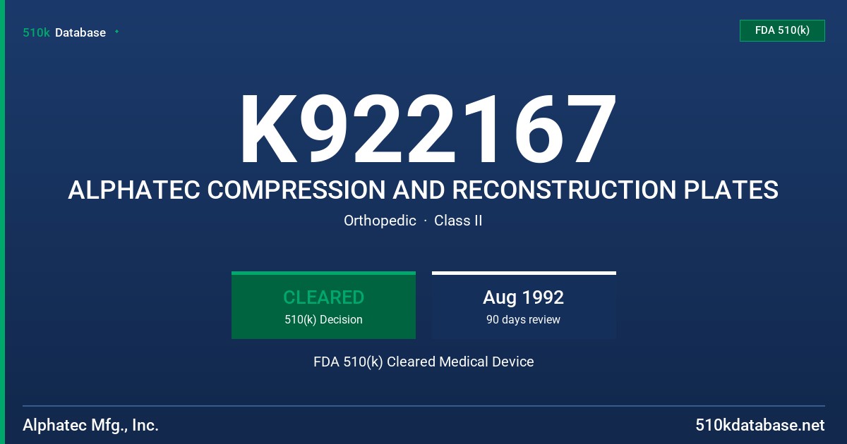K922167 ALPHATEC COMPRESSION AND RECONSTRUCTION PLATES FDA 510(k) Cleared Medical Device