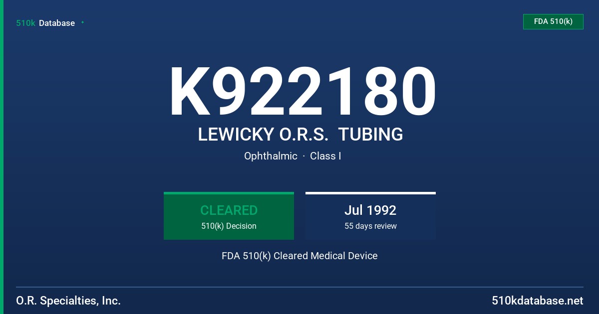 K922180 LEWICKY O.R.S.  TUBING FDA 510(k) Cleared Medical Device
