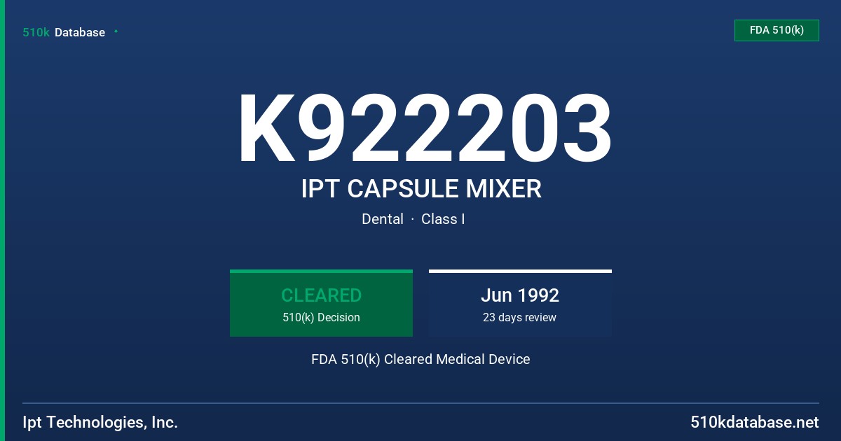 K922203 IPT CAPSULE MIXER FDA 510(k) Cleared Medical Device