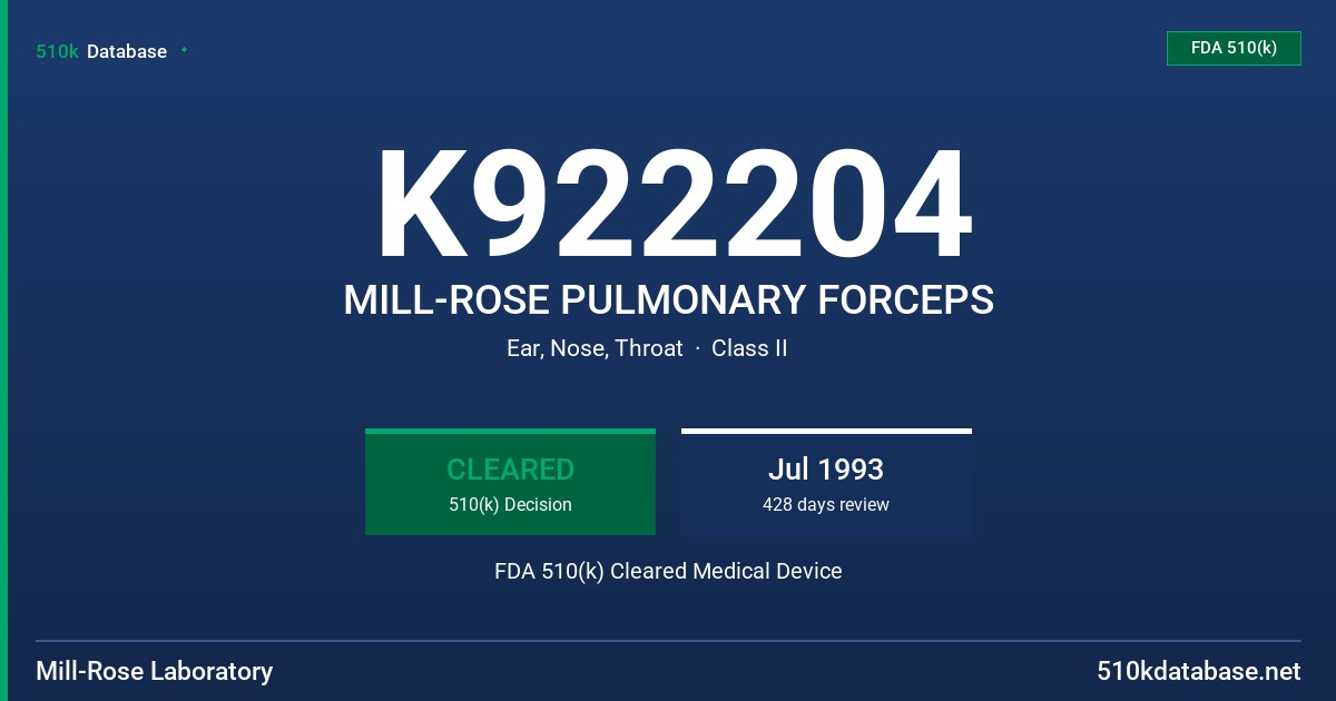 K922204 MILL-ROSE PULMONARY FORCEPS FDA 510(k) Cleared Medical Device