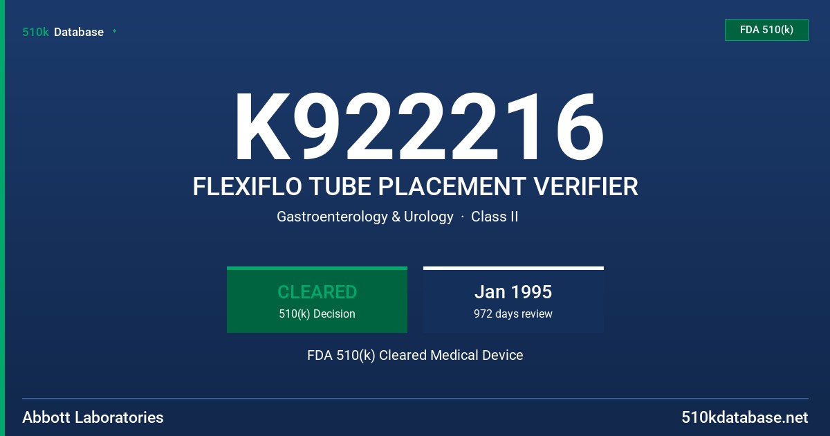 K922216 FLEXIFLO TUBE PLACEMENT VERIFIER FDA 510(k) Cleared Medical Device