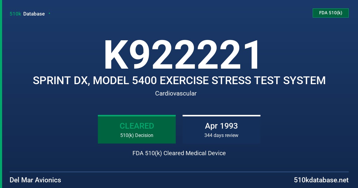 K922221 SPRINT DX, MODEL 5400 EXERCISE STRESS TEST SYSTEM FDA 510(k) Cleared Medical Device