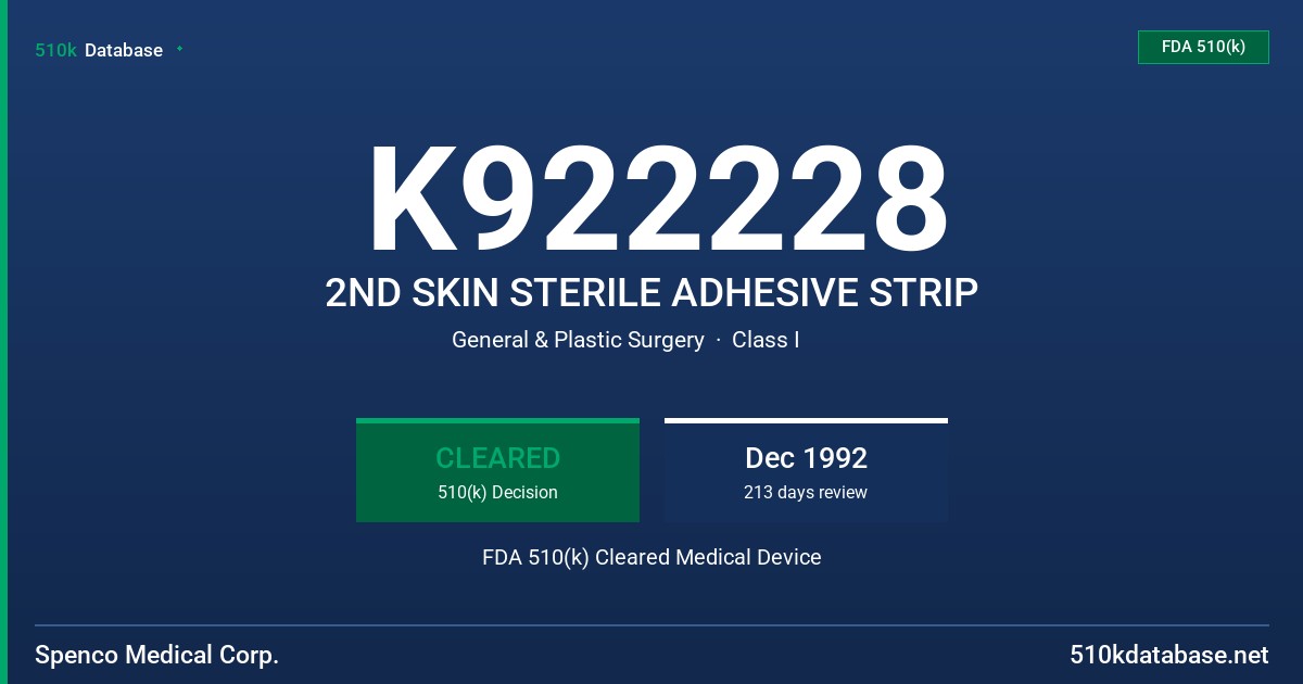 K922228 2ND SKIN STERILE ADHESIVE STRIP FDA 510(k) Cleared Medical Device
