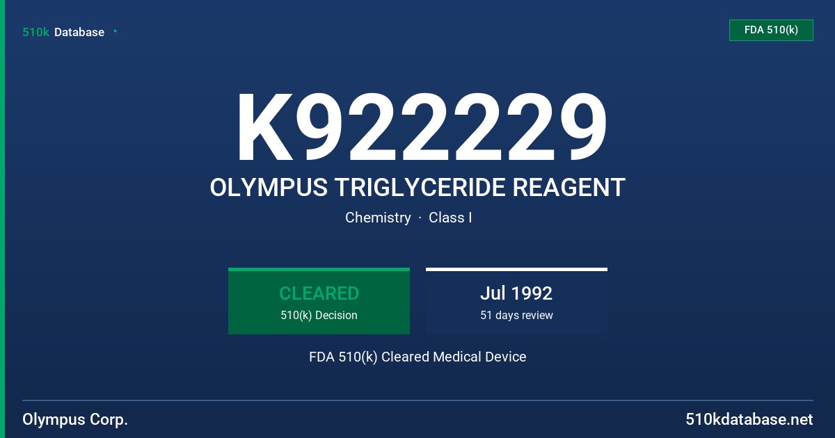 K922229 OLYMPUS TRIGLYCERIDE REAGENT FDA 510(k) Cleared Medical Device