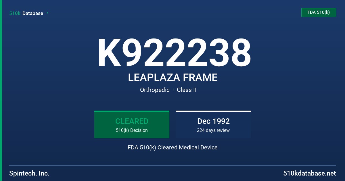 K922238 LEAPLAZA FRAME FDA 510(k) Cleared Medical Device