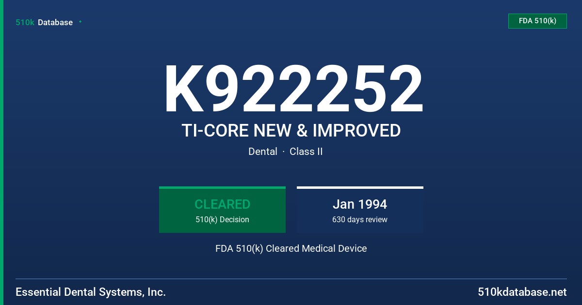 K922252 TI-CORE NEW & IMPROVED FDA 510(k) Cleared Medical Device