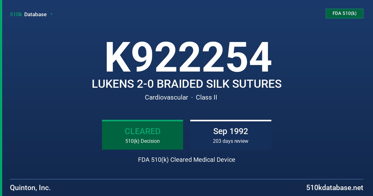 K922254 LUKENS 2-0 BRAIDED SILK SUTURES FDA 510(k) Cleared Medical Device