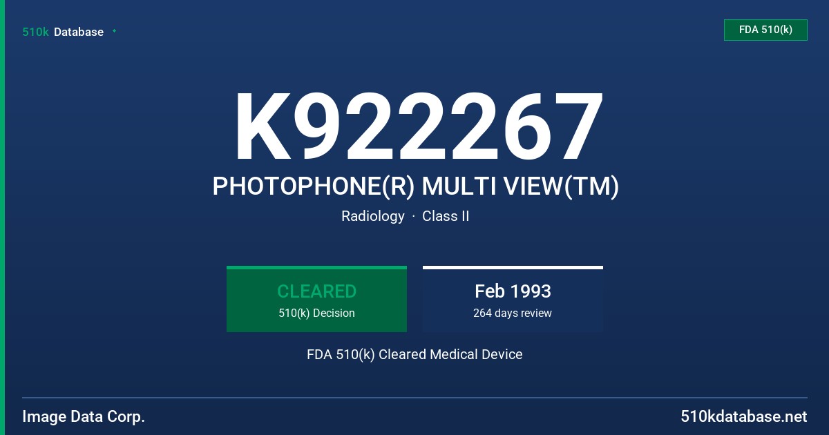K922267 PHOTOPHONE(R) MULTI VIEW(TM) FDA 510(k) Cleared Medical Device