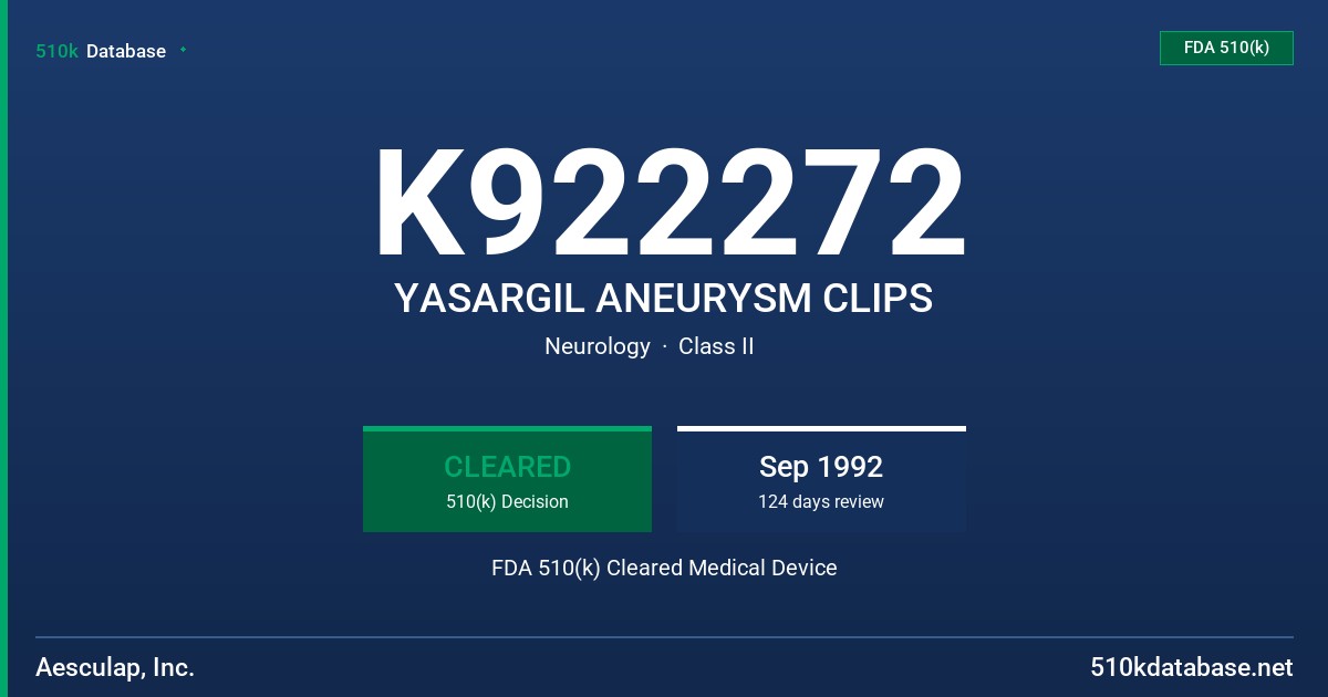 K922272 YASARGIL ANEURYSM CLIPS FDA 510(k) Cleared Medical Device
