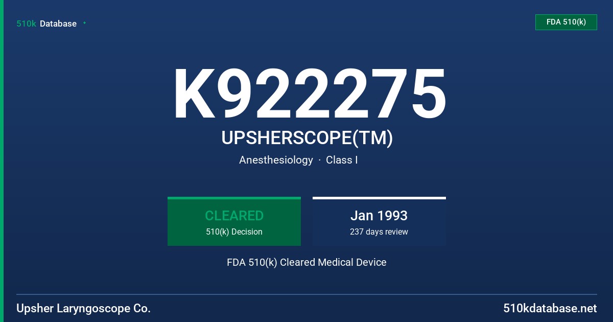 K922275 UPSHERSCOPE(TM) FDA 510(k) Cleared Medical Device