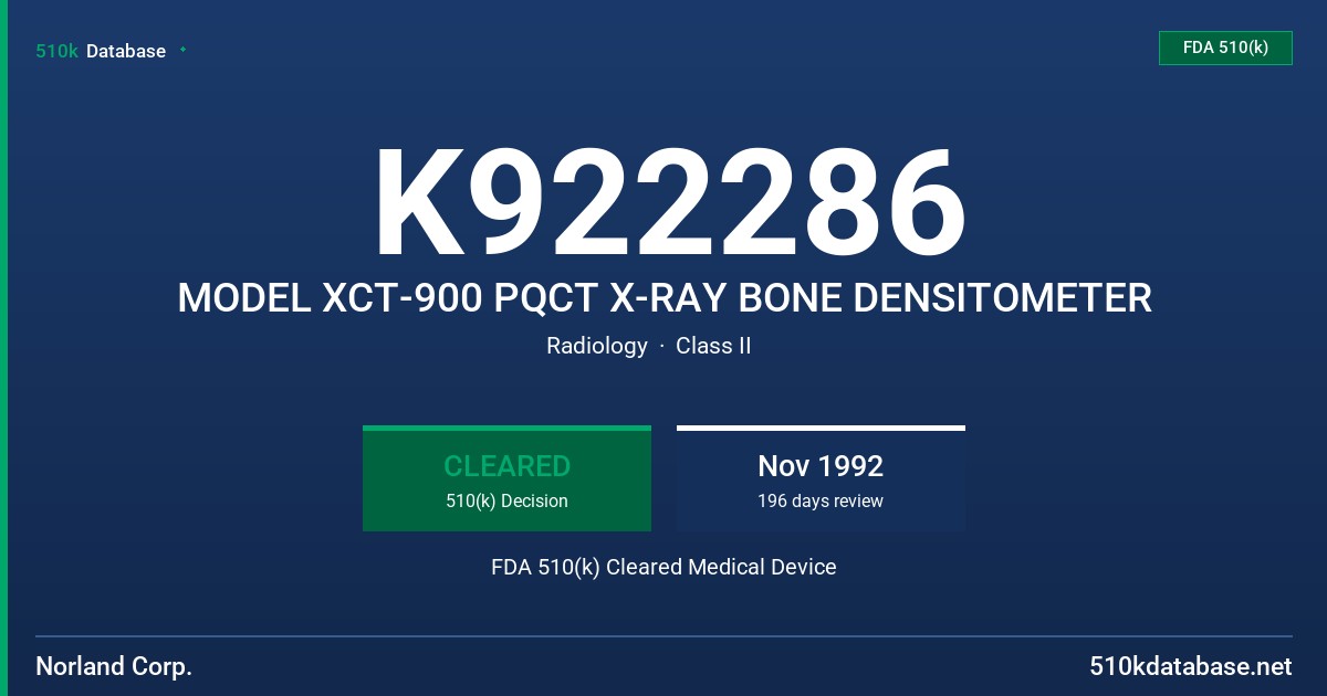 K922286 MODEL XCT-900 PQCT X-RAY BONE DENSITOMETER FDA 510(k) Cleared Medical Device