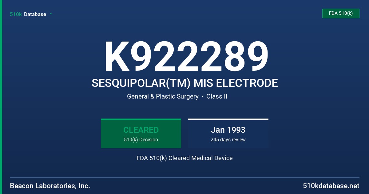 K922289 SESQUIPOLAR(TM) MIS ELECTRODE FDA 510(k) Cleared Medical Device