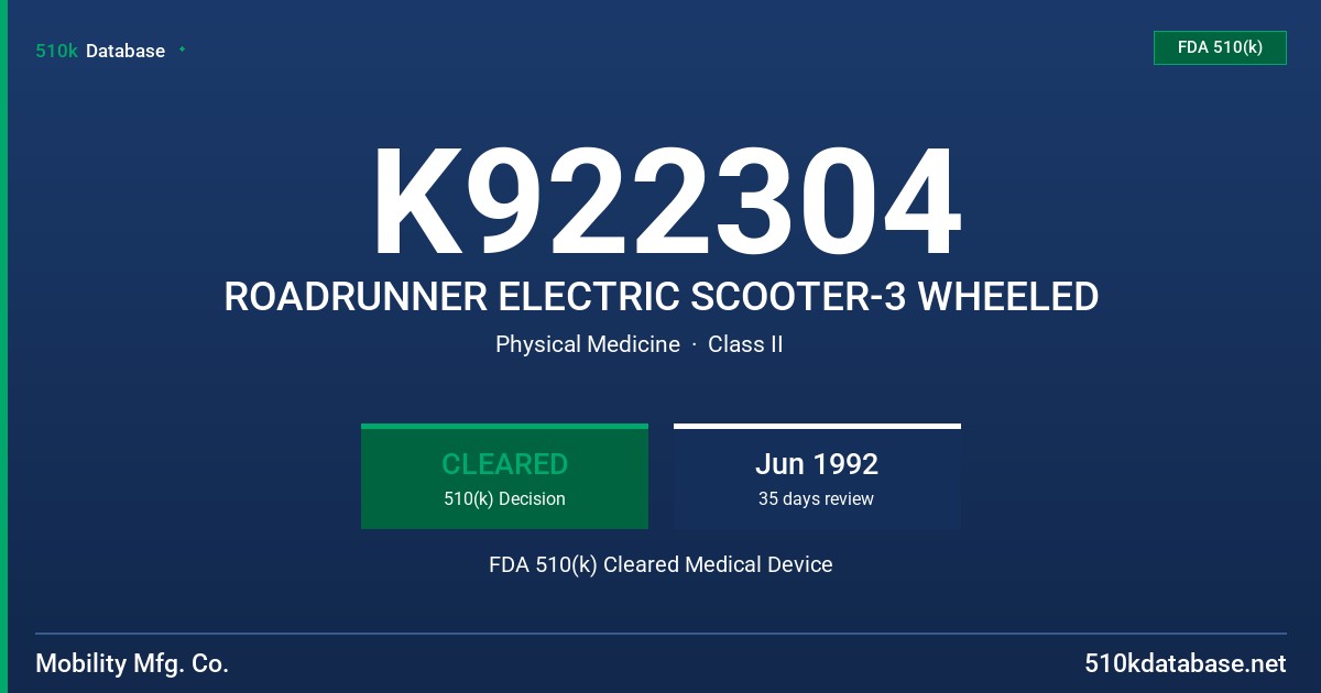 K922304 ROADRUNNER ELECTRIC SCOOTER-3 WHEELED FDA 510(k) Cleared Medical Device